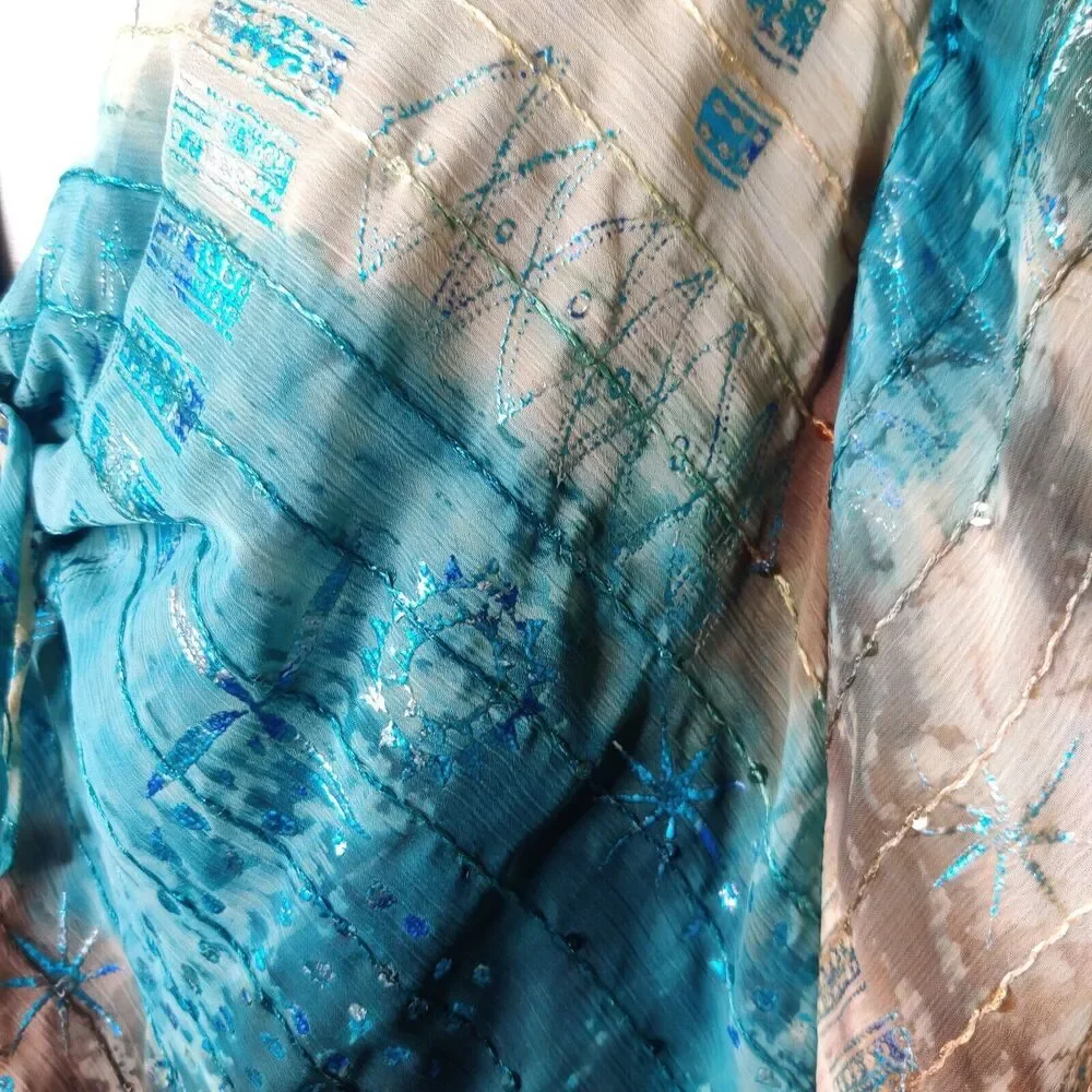 R&M Richards Tunic Top Embroidered‎ Blue Metallic Bell Sleeve
